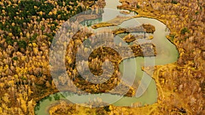 Aerial view of tranquil winding river with green water