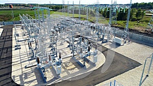 Aerial view transformation substation among pictorial landscape