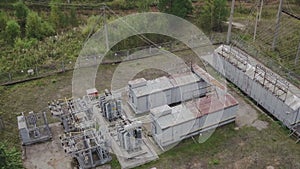 Aerial view of Transformer substation. High-voltage SF6 circuit breaker. Circuit breaker high voltage. Part of high