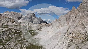 Aerial view of Tre Cime di Lavaredo mountains in the Dolomites in Alps in Italy