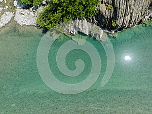 Aerial view of the Trebbia river in Val Trebbia. Piacenza. Italy