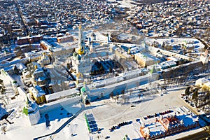 Aerial view of Trinity Lavra of St. Sergius covered with snow in Sergiev Posad