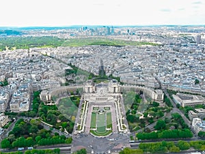 Aerial view of TrocadÃÂ©ro Gardens Palais de Chaillot and La Defense from Eiffel Tower in Paris, France photo