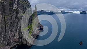 Aerial view of Trollkonufingur -Witch Finger- Fjord on Vagar island