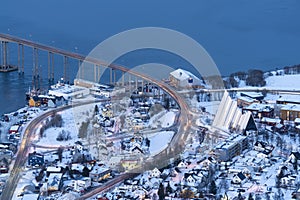 Aerial view on Tromso and Arctic cathedral, Norway, Tromso At Winter
