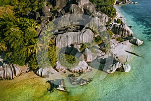 Aerial view of tropical beach Anse Source d`Argent at La Digue island, Seychelles