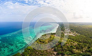 Aerial view tropical beach island reef caribbean sea. Indonesia Moluccas archipelago, Kei Islands, Banda Sea. Top travel