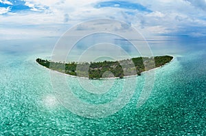 Aerial view tropical beach island reef caribbean sea. Indonesia Wakatobi archipelago, Tomia Island, marine national park. Top