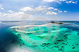Aerial view tropical beach island reef caribbean sea. White sand bar Snake Island, Indonesia Moluccas archipelago, Kei Islands,