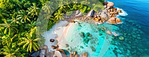 Aerial view of a tropical beach with lush greenery and crystal clear water. The scene captures the essence of a secluded