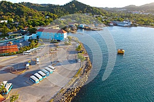 An aerial view of a tropical beach in Roatan Honduras