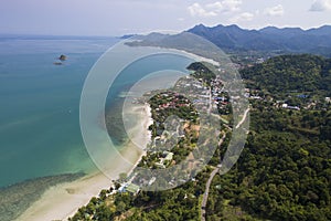 Aerial view of tropical coastline on Koh Chang, Thailand with mountains,jungle and ocean