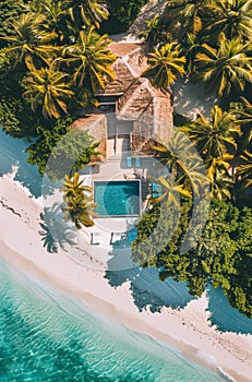 Aerial view of the tropical coastline and sandy beach.