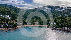 Aerial view of the tropical island landscape with beach and hills near ocean in Thailand.Koh Samui.Asia. Drone.