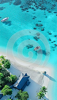 Aerial View of Tropical Island Resort. Ocean turquoise waters, boats, secluded bungalow and palms