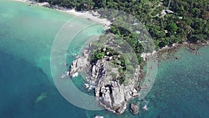 Aerial View of Tropical Island with Sandy and Rocky Sea Shore