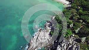 Aerial View of Tropical Island with Sandy and Rocky Sea Shore