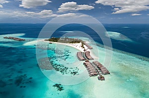 Aerial view of a tropical island in the South Ari Atoll, Maldives