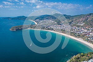 Aerial view of tropical Kata Noi Beach area in Phuket