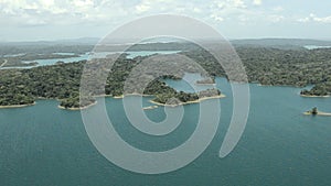 Aerial view of tropical rainforest on the shore of Gatun Lake along the Panama Canal route.