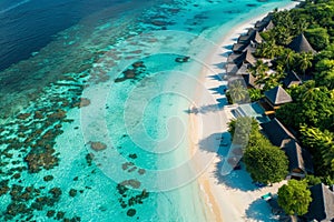 Aerial view of a tropical resort with overwater villas