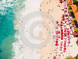 Aerial view of tropical sandy beach with turquoise ocean. Dreamland beach, Bali.