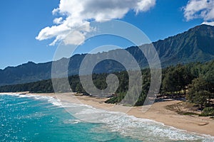 Aerial view of Tropical white sand Waimanalo Beach Oahu Hawaii
