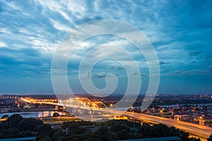 Aerial view of Tru bridge crossing Red River at twilight in Hanoi, Vietnam