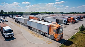 Aerial view of a truck with a container parked in a parking lot