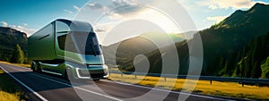 Aerial view of truck driving on asphalt road along the mountains panorama