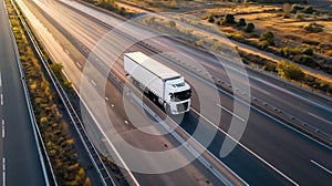 Aerial view of a truck driving on the highway at sunset. Transportation and logistics concept