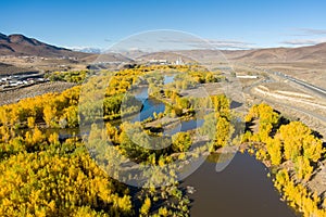 Aerial View of Truckee River in Autumn