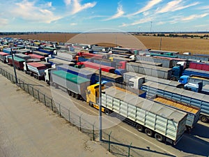 Aerial view of trucks. Terminal in the port for unloading trucks with grain.