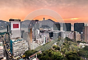 Aerial View of Tsim Sha Tsui Skyline at Sunset in Kowloon, Hong Kong