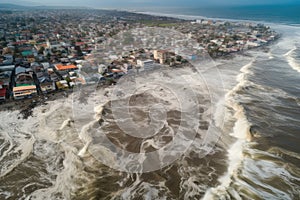 aerial view of tsunami causing widespread destruction and flooding in coastal city