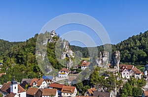 Aerial view of the Tuechersfeld village, a symbol of Franconian Switzerland in Germany