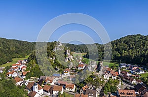 Aerial view of the Tuechersfeld village, a symbol of Franconian Switzerland in Germany