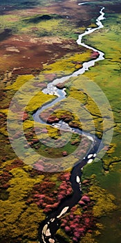 Aerial View Of Tundra River In Alaska: Emotive Fields Of Color And Organic Nature-inspired Forms