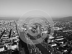 Aerial view of Turin in black and white