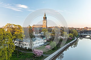 Aerial view of Turku cathedral with blossoming cherry trees