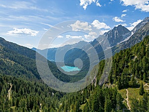 Alpine mountain lake Lago di Anterselva in the middle of pine forest in the Italian Dolomites photo