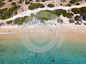 Aerial view of the turquoise waters of Lageri Beach on Paros island