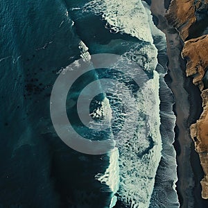 Aerial view of turquoise waves crashing against rocky shoreline. a captivating nature scene for artistic and travel