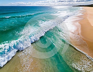 Aerial view of turquoise waves crashing on sunny sandy beach