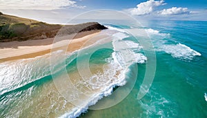 Aerial view of turquoise waves crashing on sunny sandy beach