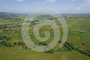 Aerial view of Tuscany rural landscape in Crete Senesi, Tuscany, Italy