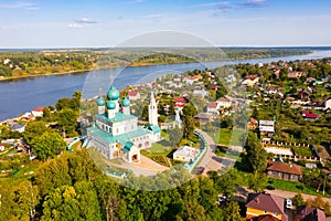 Aerial view of Tutayev on Volga River with Resurrection Cathedral in summer