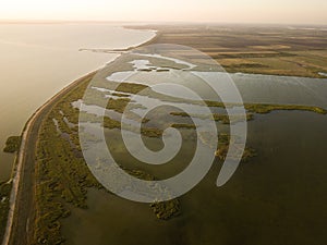 Aerial view of Tuzly Estuary National Nature Park near by Black Sea coast, Ukraine