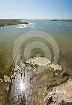 Aerial view of Tuzly Estuary National Nature Park near by Black Sea coast, Ukraine