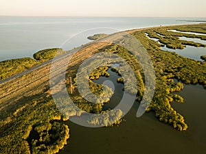 Aerial view of Tuzly Estuary National Nature Park near by Black Sea coast, Ukraine